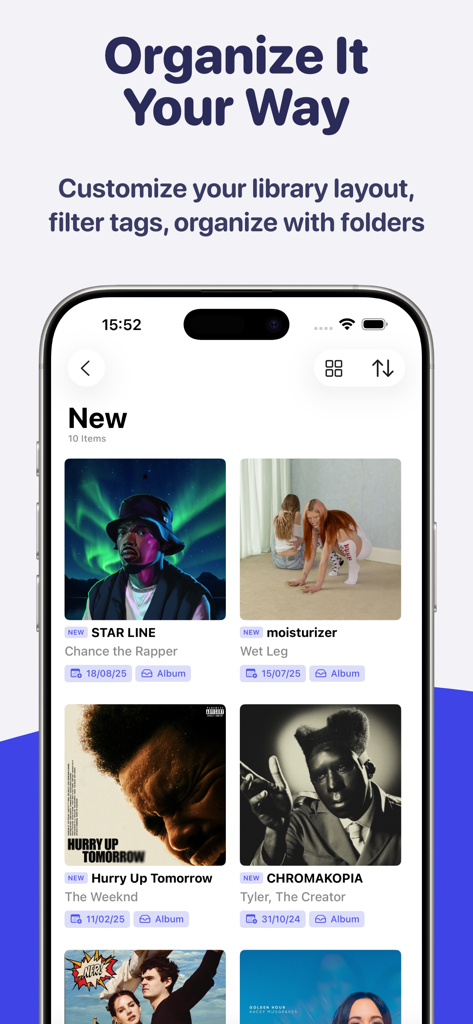 MusicBox: Catalog and Organize - Interfaz de la aplicación MusicBox que muestra una lista organizada de nuevos álbumes de música en un iPhone