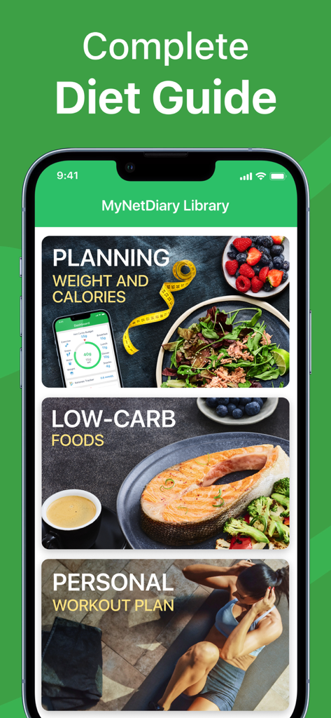Interface of the Carb Genius app showing the diet library with sections for planning low carb foods and personal workout plans