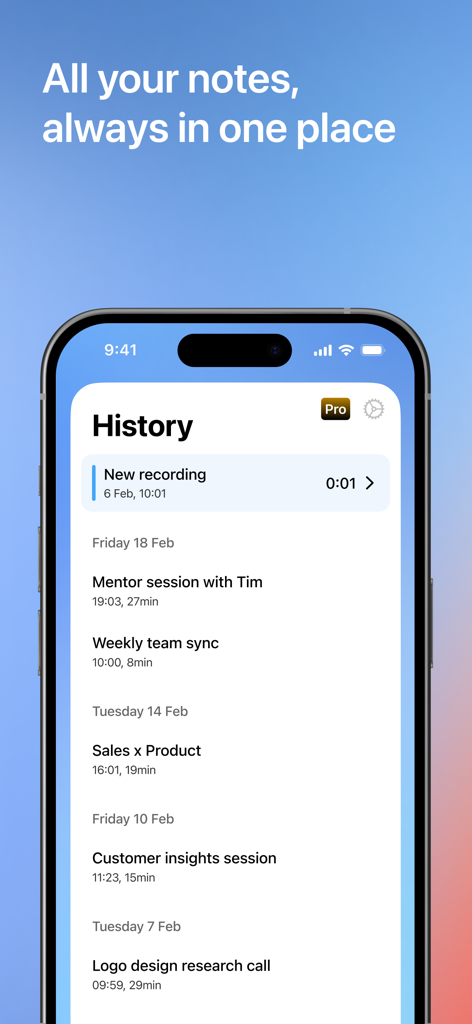 Cue - Smart AI Meeting Notes - A list of recorded meeting notes in the Cue app history screen on an iPhone.
