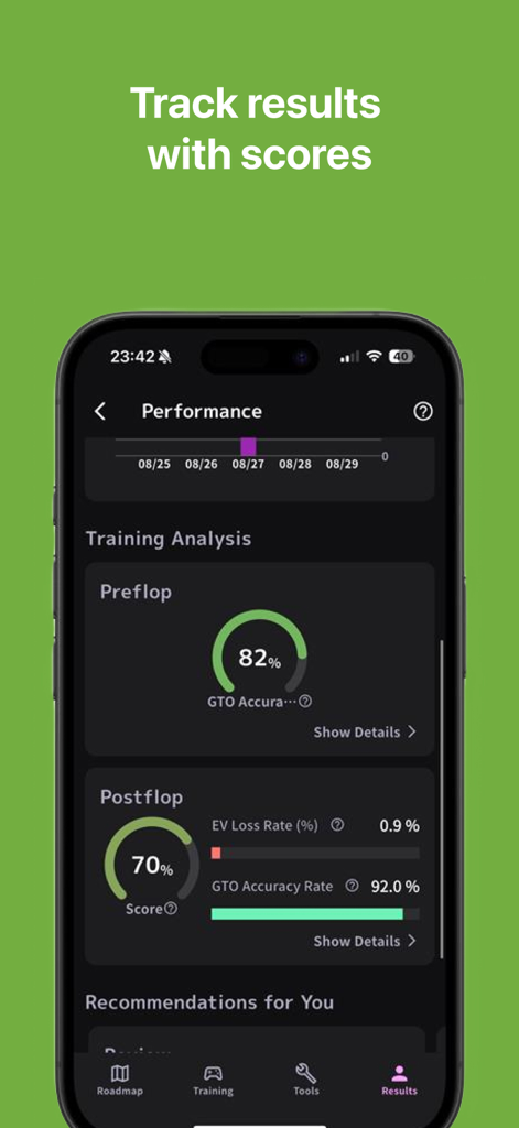 Écran de l'application NTPoker montrant l'analyse des performances d'entraînement avec des scores d'exactitude GTO