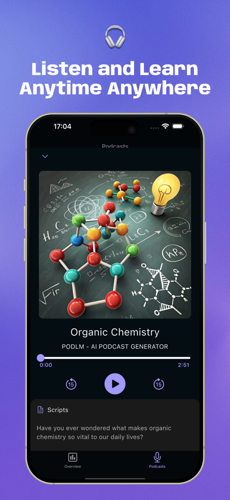 Interfaz de la aplicación PODLM reproduciendo un podcast generado por IA sobre Química Orgánica