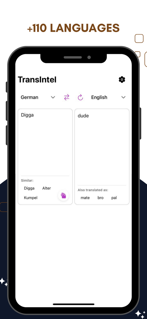 TransIntel - Translation AI - TransIntel app interface showing a German to English translation with synonyms for colloquial terms