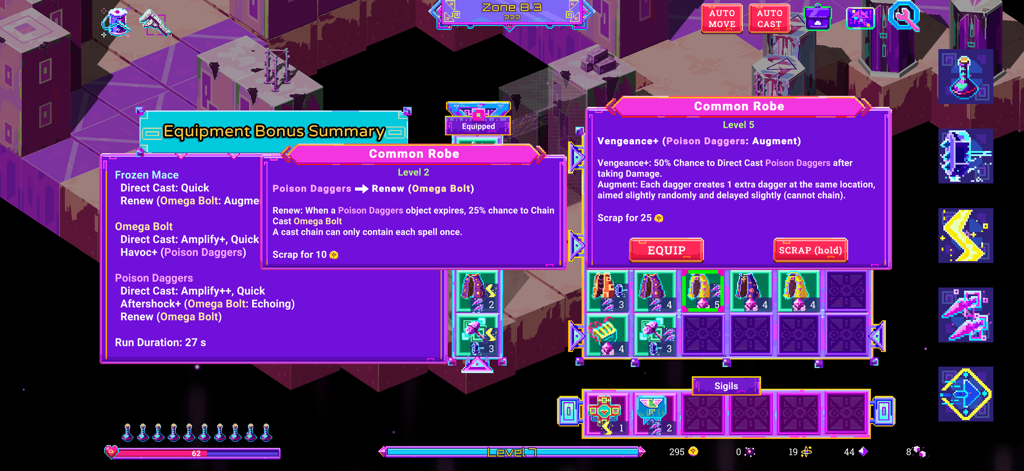 Neon Spellstorm - Menú de gestión de equipo e inventario en Neon Spellstorm mostrando estadísticas de equipo y mejoras.