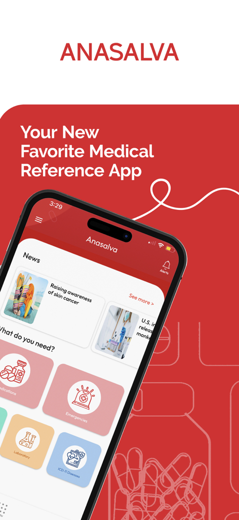 ANASALVA - Smartphone mostrando la interfaz de la aplicación de referencia médica ANASALVA con noticias de salud y herramientas de acceso rápido