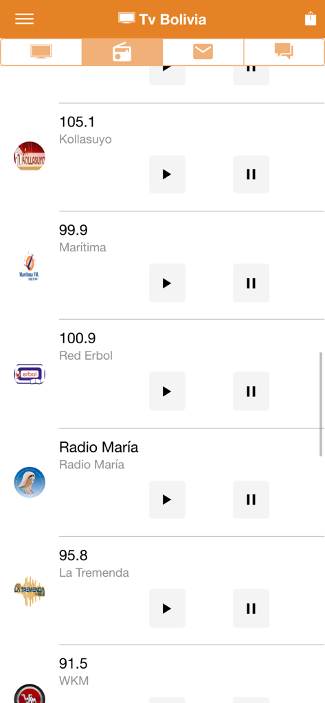 Tv Bolivia - Tv Bolivia app screen displaying a list of live radio stations from Bolivia