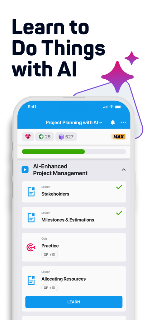 Interface do aplicativo SoloLearn exibindo aulas de gerenciamento de projetos aprimoradas por IA e barra de progresso