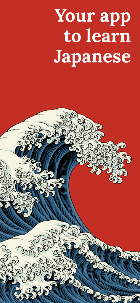 Learn Japanese (Beginners) - Pantalla de inicio de la aplicación Aprende Japonés con una ilustración de una ola japonesa sobre un fondo rojo