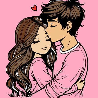 a realistic couple boy and girl hugging and kissing