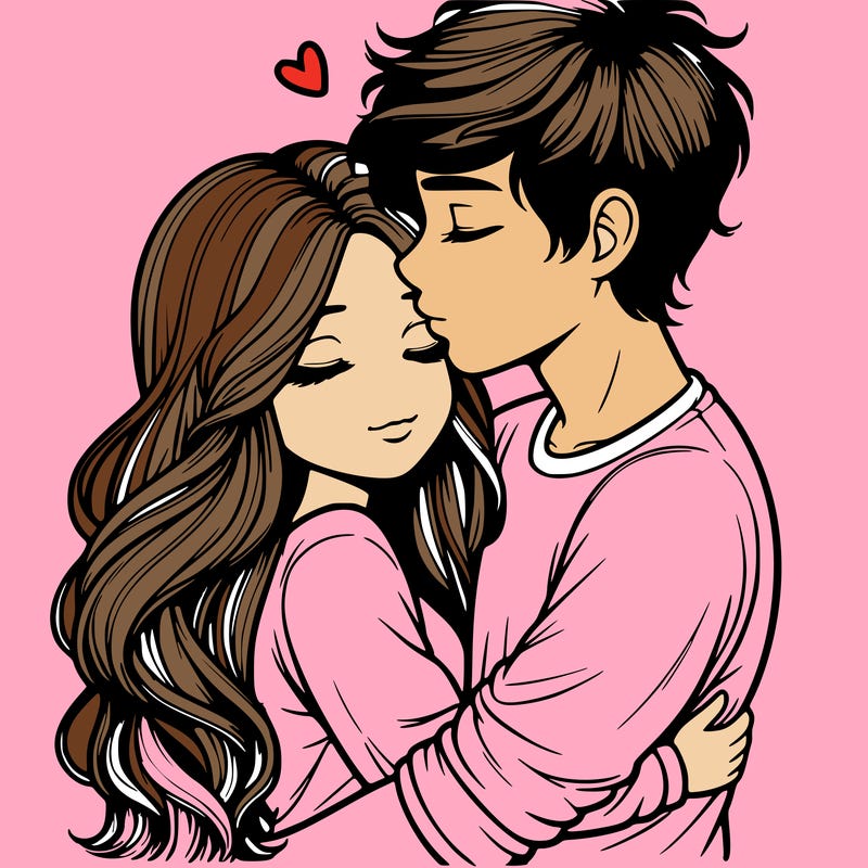 a realistic couple boy and girl hugging and kissing