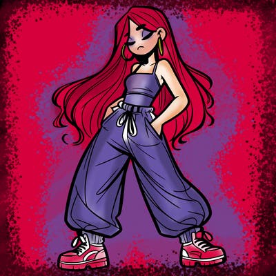 girl in baggy pants crop top and long hair