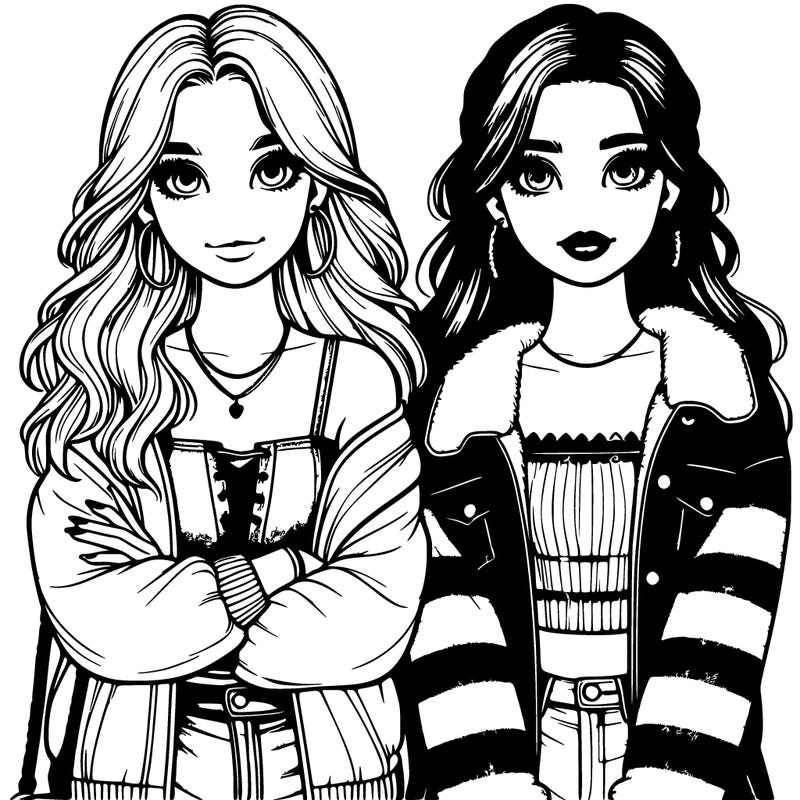 two girl best friends in trendy outfits realistic