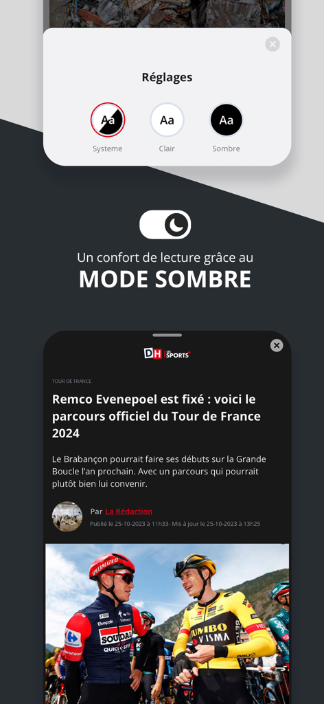 DH Les Sports plus mobile App mit Dunkelmodus-Leseoberfläche und Einstellungen