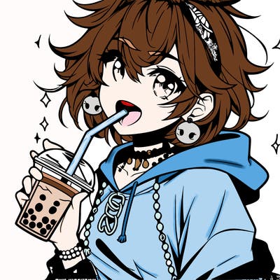 hot baddie anime girl drinking boba and biting the straw