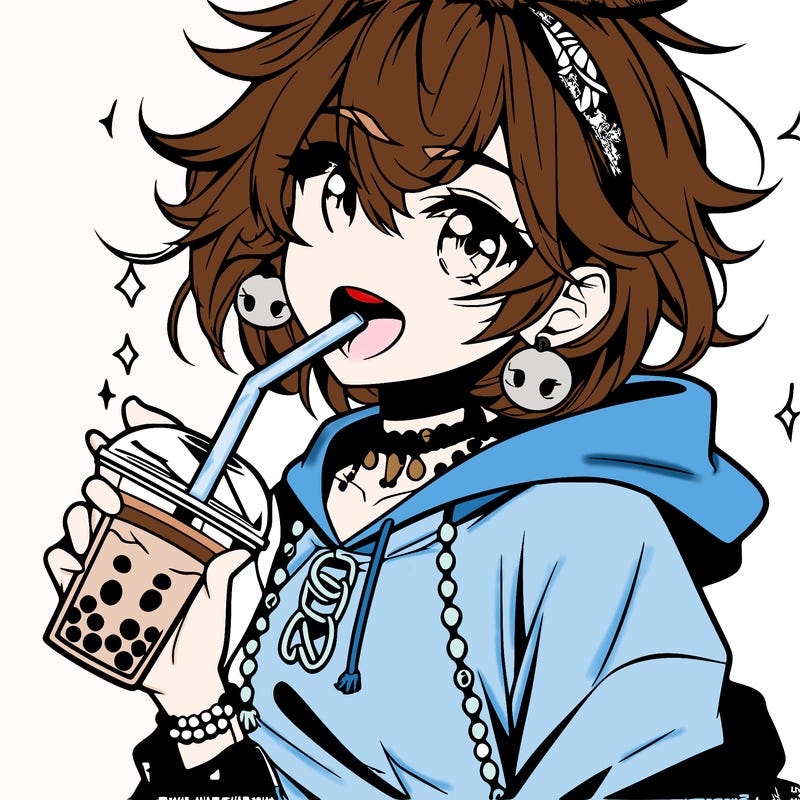 hot baddie anime girl drinking boba and biting the straw