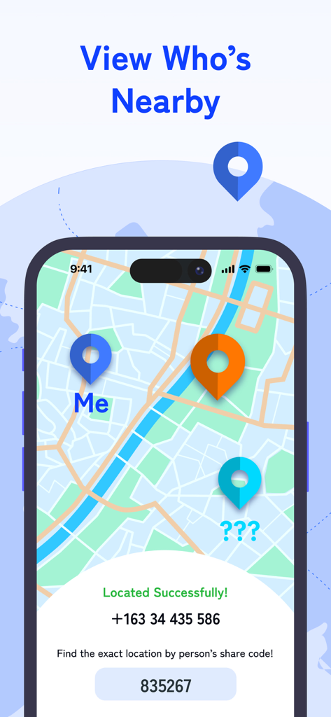 GPS Phone Locator Link Tracker - Smartphone screen showing a map with location pins and a share code