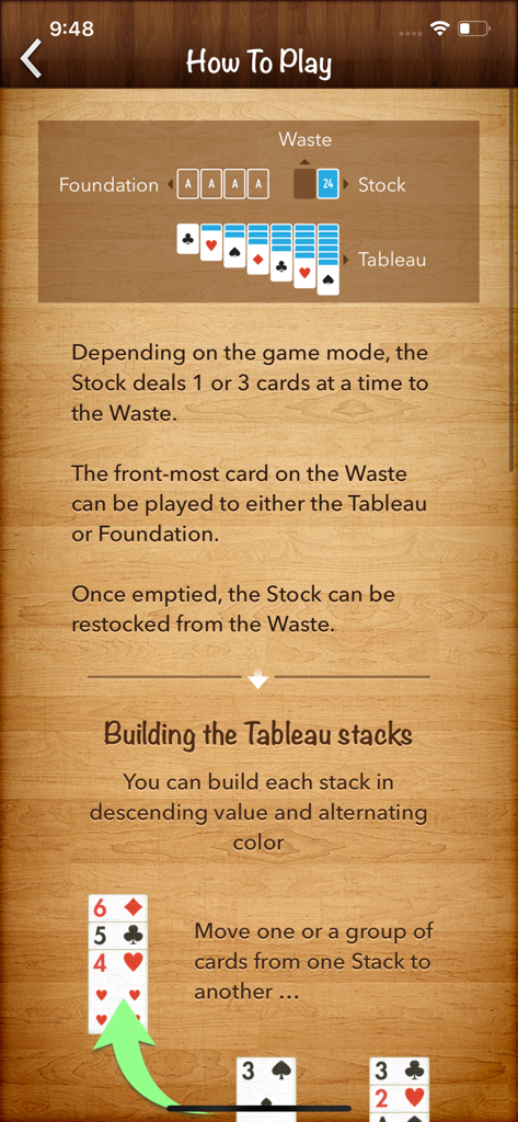In-Game-Tutorial-Bildschirm für Solitaire Klondike, der Spielregeln und Kartenlayout anzeigt