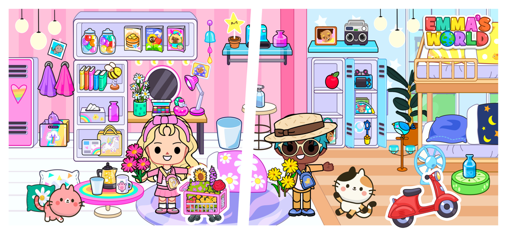 Two characters playing in a colorful dollhouse bedroom with toys and interactive items
