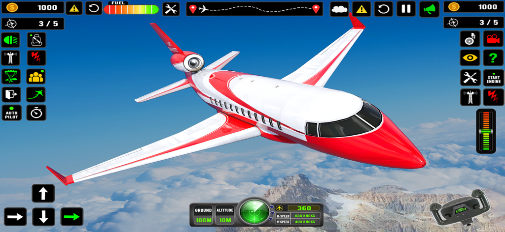 Flight Simulator: Pilot Game - A red and white private jet flying above clouds and mountains in a 3D flight simulator pilot game