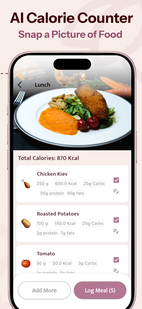 Yoga for Beginners - Workout - 사진에서 식사의 영양 데이터와 칼로리 분석을 보여주는 AI 칼로리 카운터의 모바일 앱 인터페이스