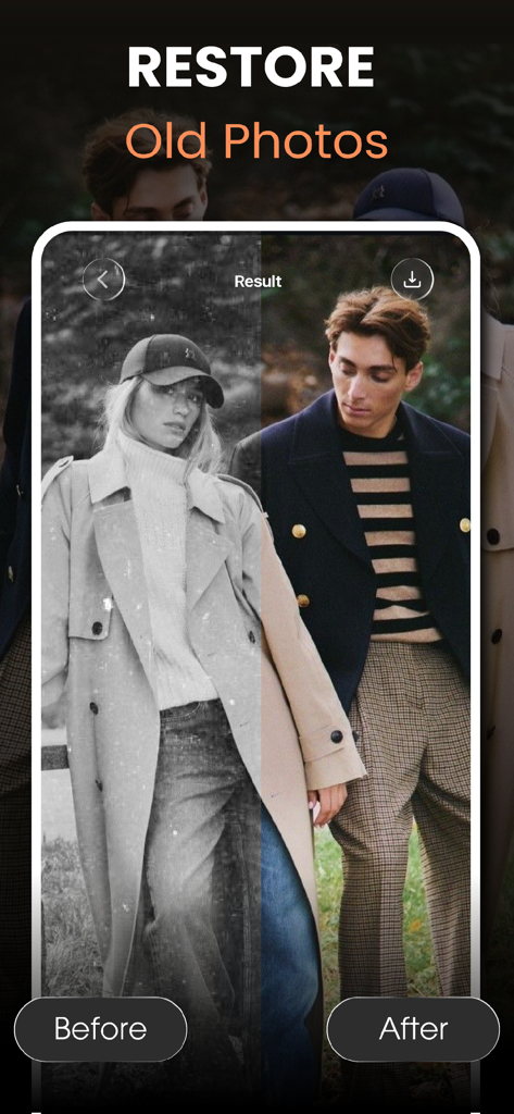 A side by side comparison showing a grainy black and white old photo next to a restored and colorized version in the Artimind app