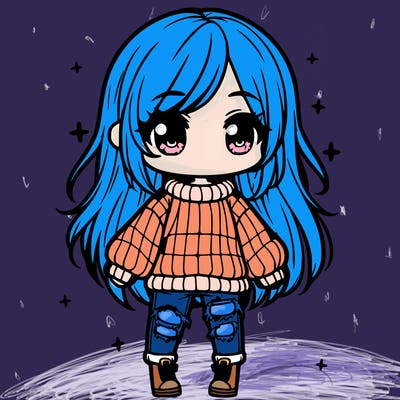 chibi girl with ripped jeans,long hair, and an oversized sweater