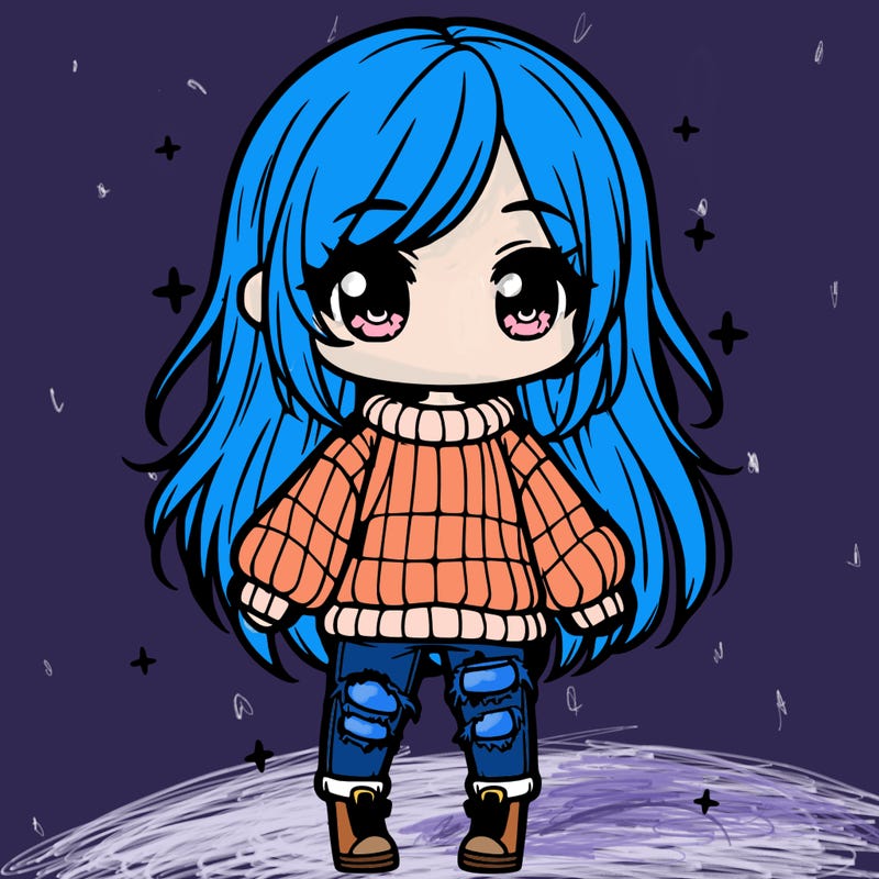 chibi girl with ripped jeans,long hair, and an oversized sweater