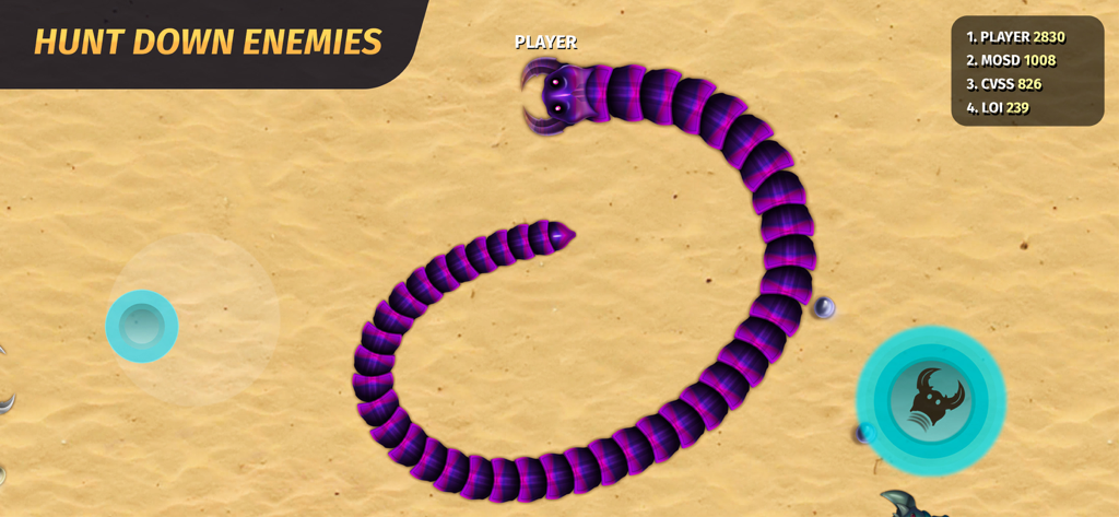 Gusano morado grande en la arena del juego móvil Worm.io Snake Battle