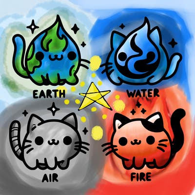 4 cats that represent the different elements, earth, water, air, and fire