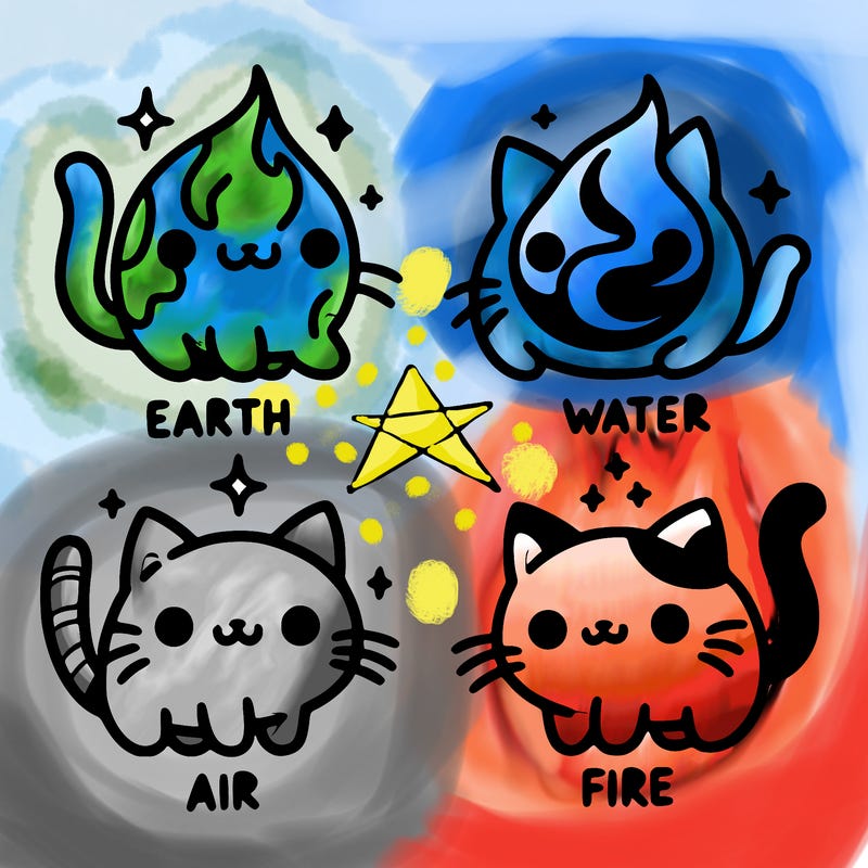 4 cats that represent the different elements, earth, water, air, and fire