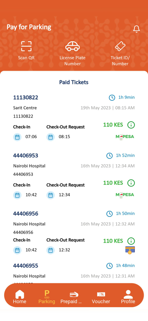Evopay Africa - ナイロビの場所とMpesa支払い確認で、支払われた駐車券のリストを表示するモバイルアプリのインターフェース。