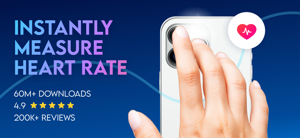 Promotional banner for Instant Heart Rate app showing a finger on a smartphone camera to measure heart rate with app ratings and download statistics