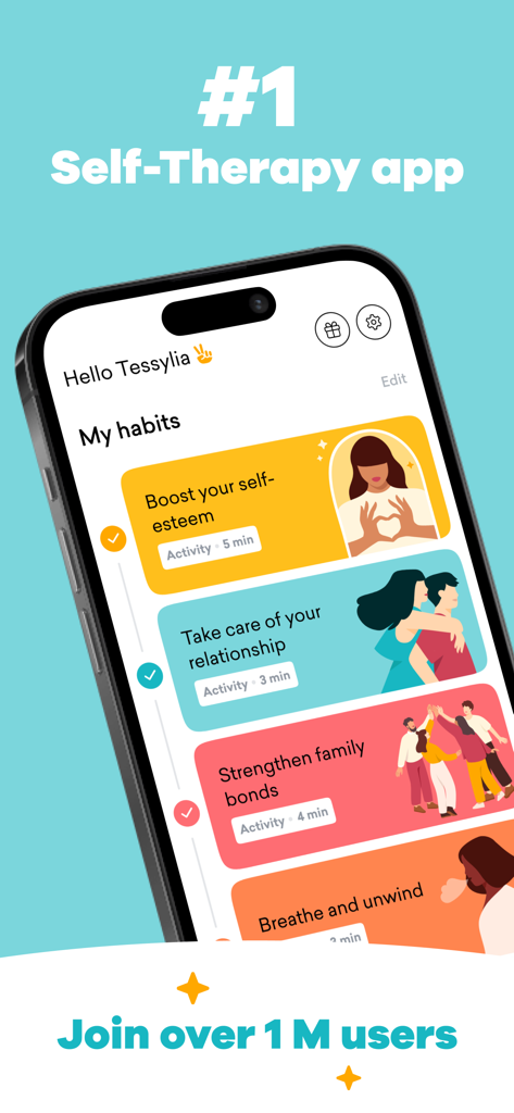 MindDay: Mental Health, Stress - Interfaz de la aplicación MindDay que muestra hábitos diarios de salud mental y actividades de autoterapia