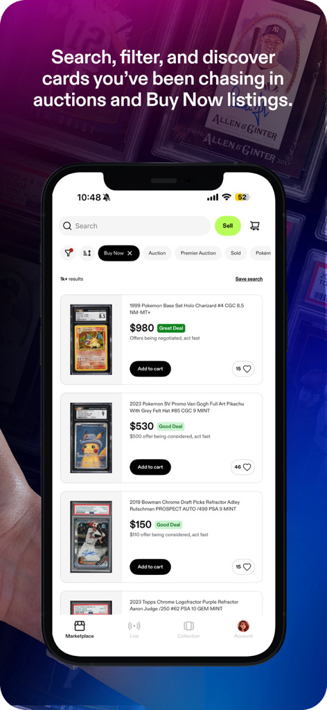 Fanatics Collect - Fanatics Collect app marketplace screen featuring Pokemon and sports trading card listings with search and filter options.