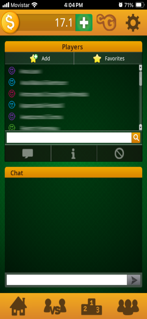 Buraco STBL - Buraco STBLアプリのソーシャルメニュー。プレイヤーリストとチャットセクションが特徴です。