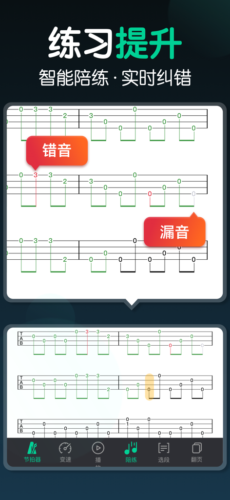 尤克里里-调音器节拍器,自学弹唱 - Digital ukulele sheet music interface with real-time error detection and practice tools for self-learning