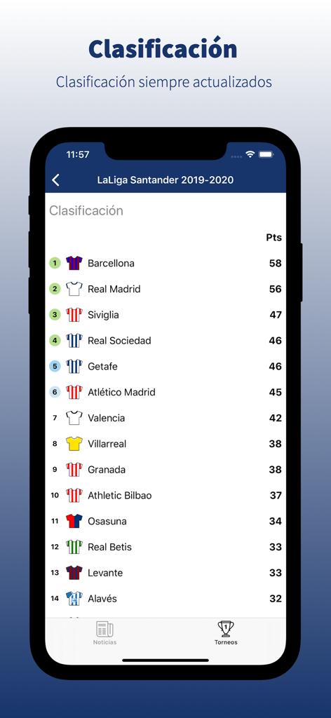 Tabla de clasificación de LaLiga que muestra equipos y puntos en la aplicación móvil Bernabéu Digital