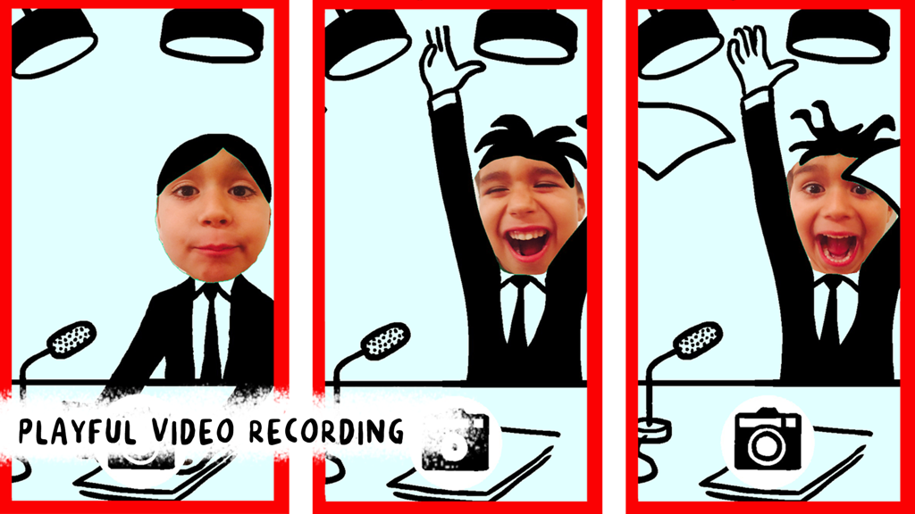 A child using their face in a hand drawn news anchor animation to record a video in the CHOMP app