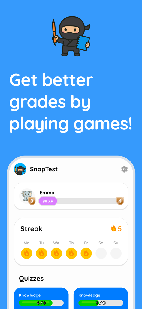 SnapTest: AI Quiz & Study - SnapTest app dashboard showing study streaks, experience points, and quiz progress with a ninja mascot