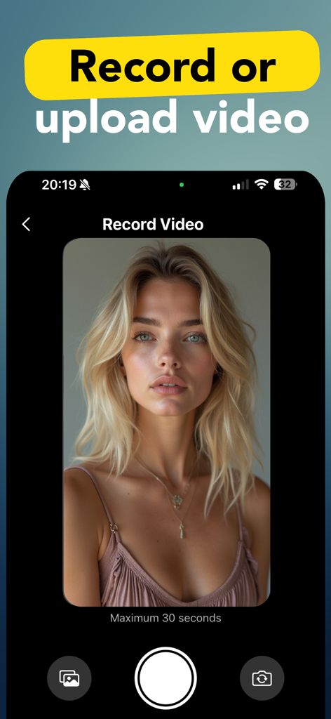Face Swap - DeepFace AI - Pantalla de la aplicación móvil mostrando la interfaz de grabación de video para una aplicación de intercambio de caras con un retrato de mujer.