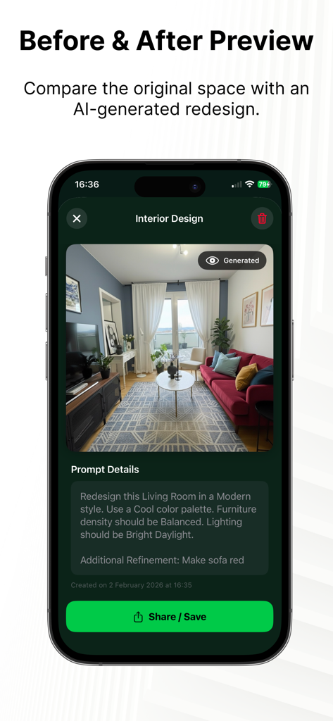Smartphone screen showing an AI generated living room makeover in the Renova AI app