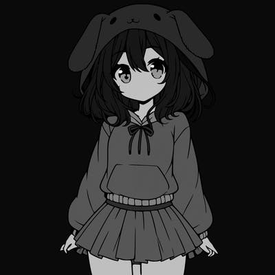 pretty anime girl wearing a fluffy hoodie with bunny ears on the hood and a skirt