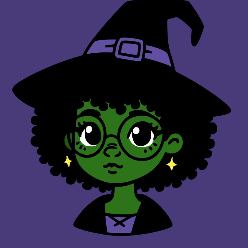 a black person who is a witch and has glasses