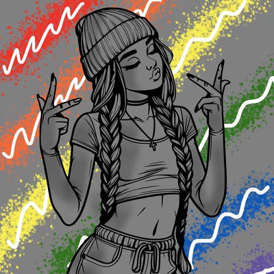 realistic teenage girl with braids and a beanie and crop top doing 🫶🏼