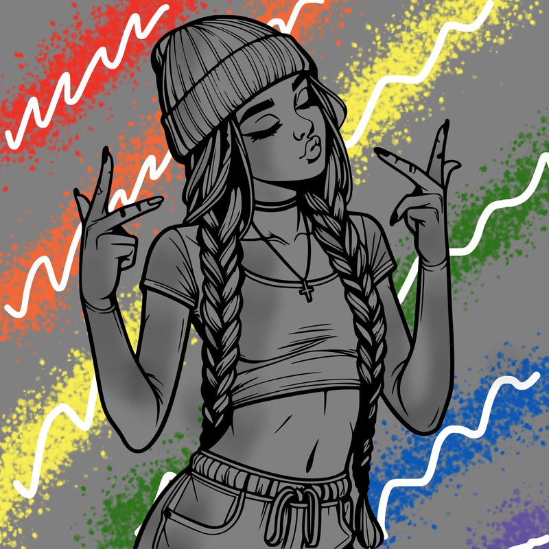 realistic teenage girl with braids and a beanie and crop top doing 🫶🏼