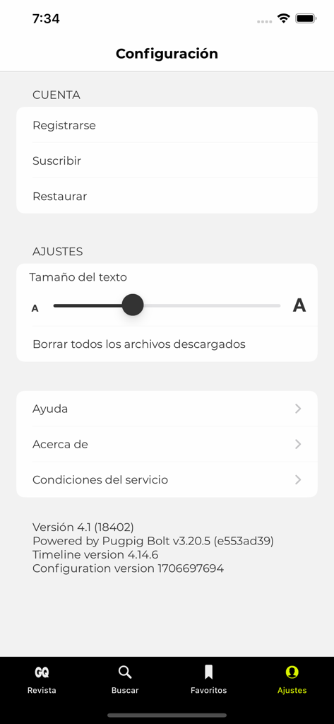Tela de configurações do aplicativo GQ España exibindo gerenciamento de conta e ajuste do tamanho do texto
