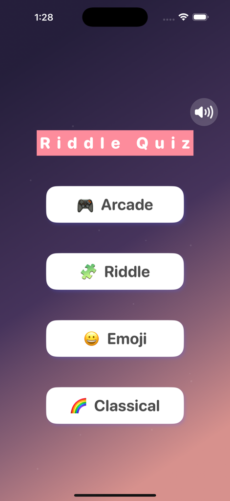 Riddle Quiz－Trivia Logic Fun - Main menu of the Riddle Quiz app showing Arcade Riddle Emoji and Classical game modes