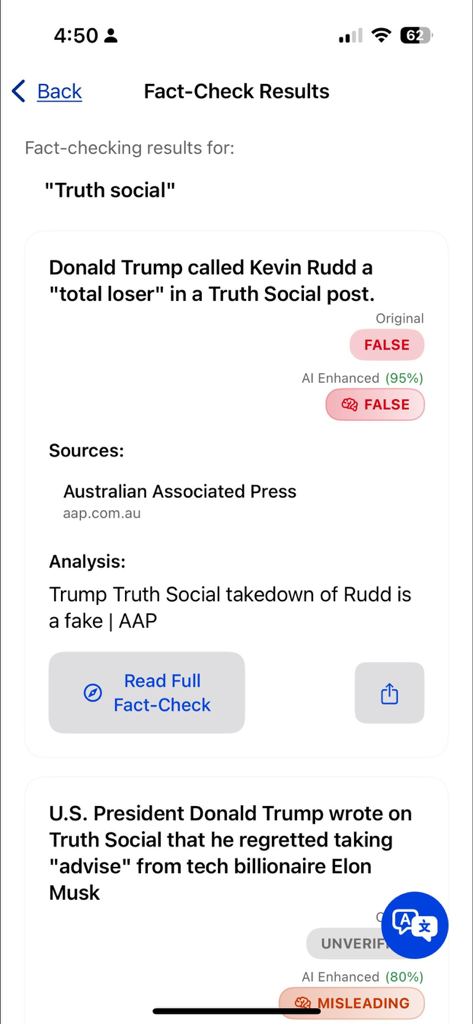 FakeOut: Misinfo Detector - Tela de resultados de verificação de fatos no aplicativo FakeOut identificando notícias falsas e enganosas sobre postagens em redes sociais