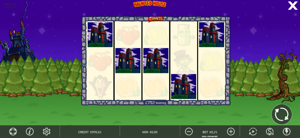 Interface of the Haunted House slot game showing spooky themed reels with houses and monsters