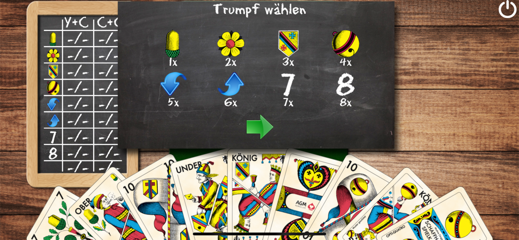 Interfaz del juego de cartas SwissJass mostrando el menú de selección de triunfo y cartas suizo-alemanas tradicionales sobre una mesa de madera.