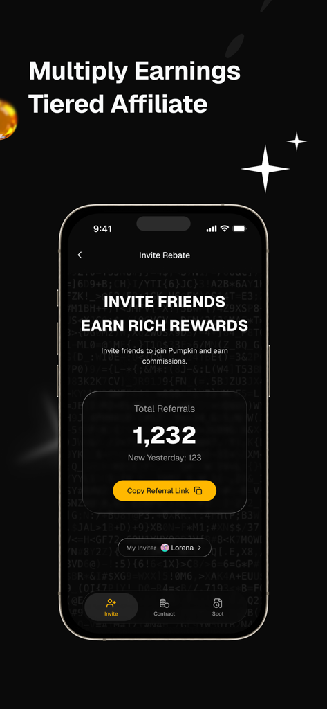 Pumpkin Pro - Pumpkin Pro mobile app interface for inviting friends and earning referral rewards